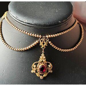 Antique PSCO 1-20 10K Gold Filled Necklace With Red Glass Gemstone Pendant & Pea